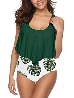 I2CRAZY Women High Waisted Swimsuit Two Piece Ruffled Flounce Top with Ruched Bottom