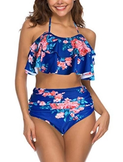 I2CRAZY Women High Waisted Swimsuit Two Piece Ruffled Flounce Top with Ruched Bottom