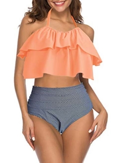 I2CRAZY Women High Waisted Swimsuit Two Piece Ruffled Flounce Top with Ruched Bottom