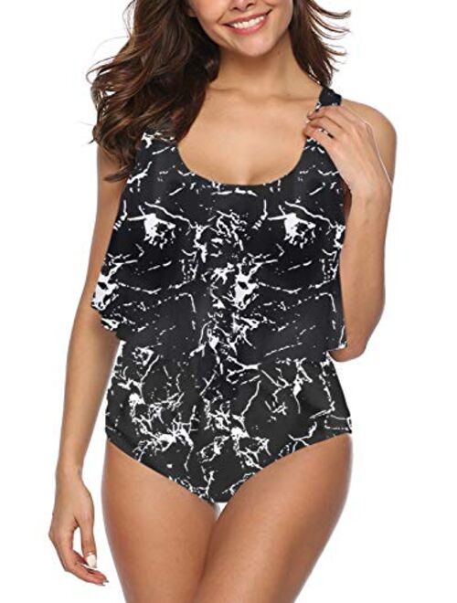 I2CRAZY Women High Waisted Swimsuit Two Piece Ruffled Flounce Top with Ruched Bottom