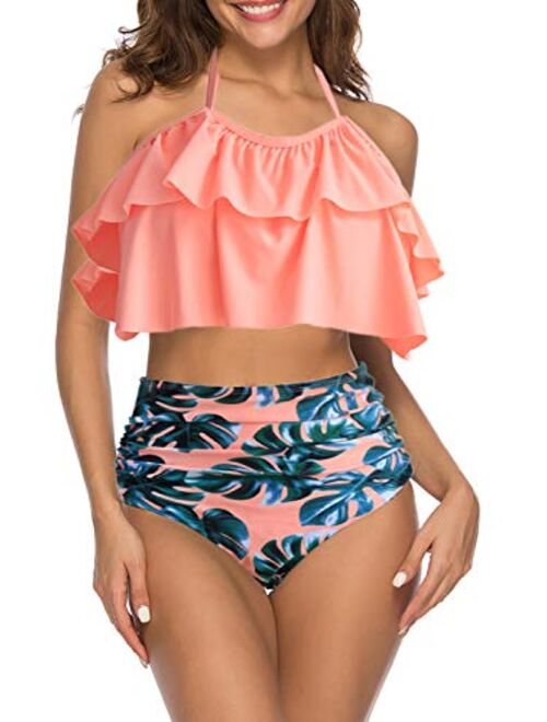 I2CRAZY Women High Waisted Swimsuit Two Piece Ruffled Flounce Top with Ruched Bottom