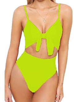 Qearal Womens Strappy One Piece Swimsuits Tie Knot Front Bathing Suits Cut Out Monokini Swimwear