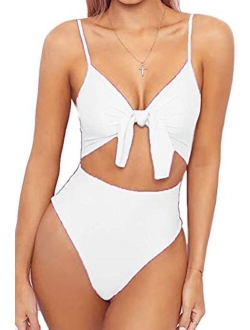 Qearal Womens Strappy One Piece Swimsuits Tie Knot Front Bathing Suits Cut Out Monokini Swimwear