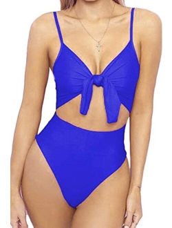 Qearal Womens Strappy One Piece Swimsuits Tie Knot Front Bathing Suits Cut Out Monokini Swimwear