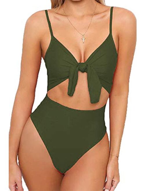 Qearal Womens Strappy One Piece Swimsuits Tie Knot Front Bathing Suits Cut Out Monokini Swimwear