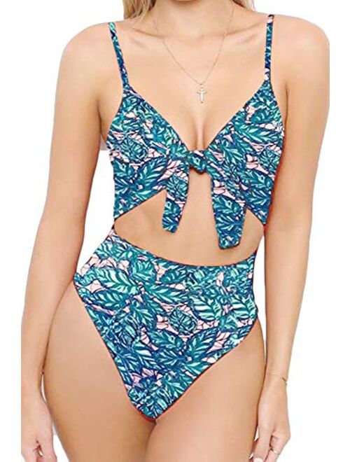 Qearal Womens Strappy One Piece Swimsuits Tie Knot Front Bathing Suits Cut Out Monokini Swimwear