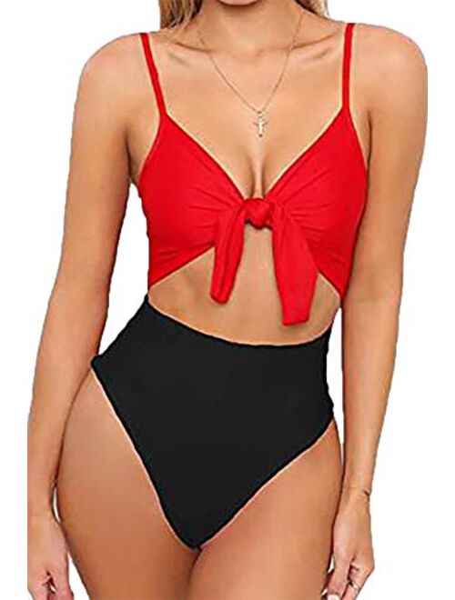 Qearal Womens Strappy One Piece Swimsuits Tie Knot Front Bathing Suits Cut Out Monokini Swimwear