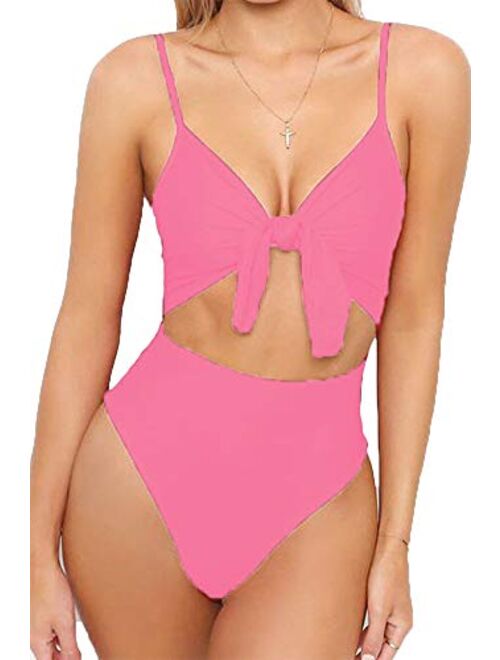 Qearal Womens Strappy One Piece Swimsuits Tie Knot Front Bathing Suits Cut Out Monokini Swimwear