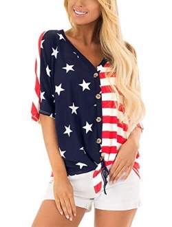 For G and PL July 4th Women's American Flag Button Down T Shirt with Tie Front