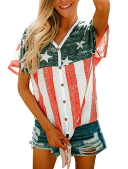 For G and PL July 4th Women's American Flag Button Down T Shirt with Tie Front