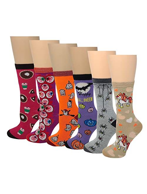 6 Pairs Novelty Design Crew Socks, Christmas Holidays Crazy Fun Colorful Fancy Design