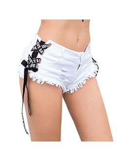 Sexyshine Women's Sexy Low Waist Rise Hot Pants American Flag High Cut Mini Denim Bandage Beach Clubwear Shorts