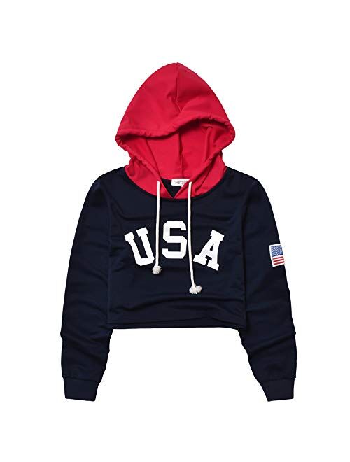 Perfashion Women's USA Flag Cropped Hoodie Tops 4th July Crop Sweatshirts