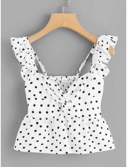 Shein Twist Front Polka Dot Crop Peplum Top