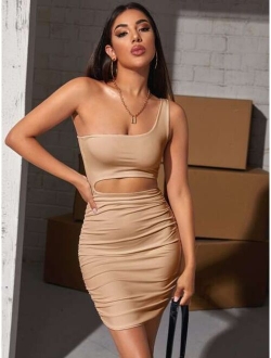 One Shoulder Cutout Detail Ruched Dress