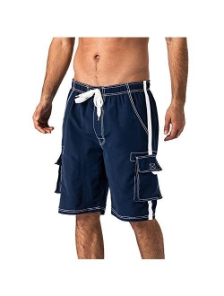 Wohthops Men's Quick Dry Swim Trunks Side Stripe Bathing Suit Board Shorts with Mesh Lining Cargo Pockets