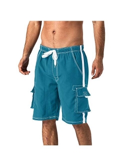 Wohthops Men's Quick Dry Swim Trunks Side Stripe Bathing Suit Board Shorts with Mesh Lining Cargo Pockets