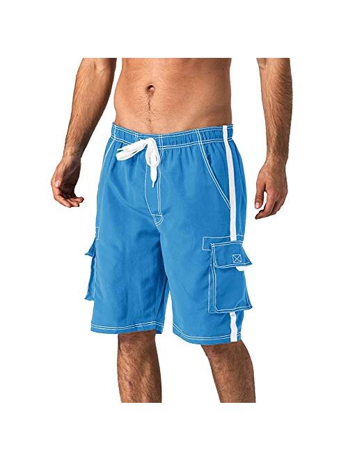 Wohthops Men's Quick Dry Swim Trunks Side Stripe Bathing Suit Board Shorts with Mesh Lining Cargo Pockets