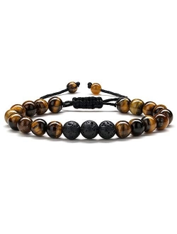 Tiger Eye Mens Bracelet Gifts - 8mm Tiger Eye Lava Rock Stone Mens Anxiety Bracelets, Stress Relief Adjustable Tiger Eye Bracelet Aromatherapy Essential Oil Diffuser Lava