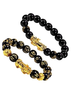 EnjoIt 2Pcs 12mm Hand Carved Mantra Stone Feng Shui Elastic Bracelet Pi Xiu Bracelet Wealth Bracelet for Mens Womens C2239