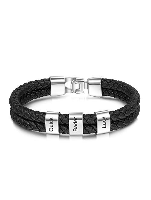 LanM Personalized Men Black Braid Bracelet Custom Bracelet for Men with Small Custom Beads Men's ID Bracelet