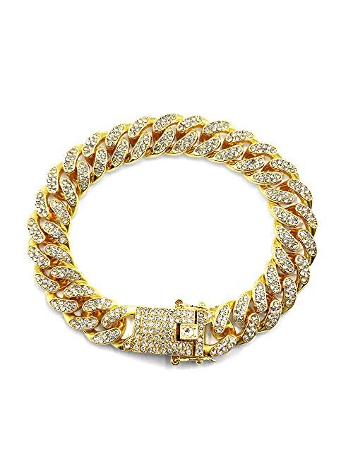 HUAMING 12mm Gold Plated Hip Hop Iced Out CZ Lab Diamond Miami Cuban Link Chain Bracelet for Men and Women