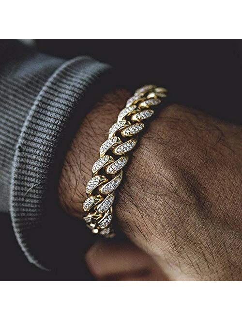 HUAMING 12mm Gold Plated Hip Hop Iced Out CZ Lab Diamond Miami Cuban Link Chain Bracelet for Men and Women