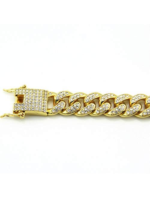 HUAMING 12mm Gold Plated Hip Hop Iced Out CZ Lab Diamond Miami Cuban Link Chain Bracelet for Men and Women