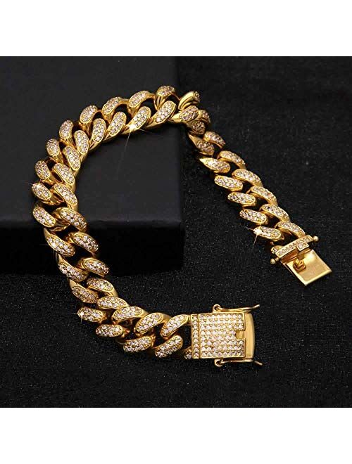 HUAMING 12mm Gold Plated Hip Hop Iced Out CZ Lab Diamond Miami Cuban Link Chain Bracelet for Men and Women