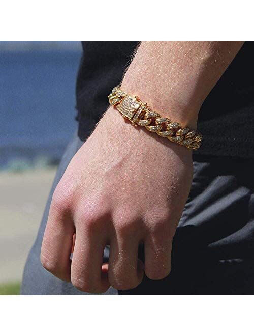 HUAMING 12mm Gold Plated Hip Hop Iced Out CZ Lab Diamond Miami Cuban Link Chain Bracelet for Men and Women