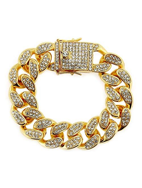 HUAMING 12mm Gold Plated Hip Hop Iced Out CZ Lab Diamond Miami Cuban Link Chain Bracelet for Men and Women