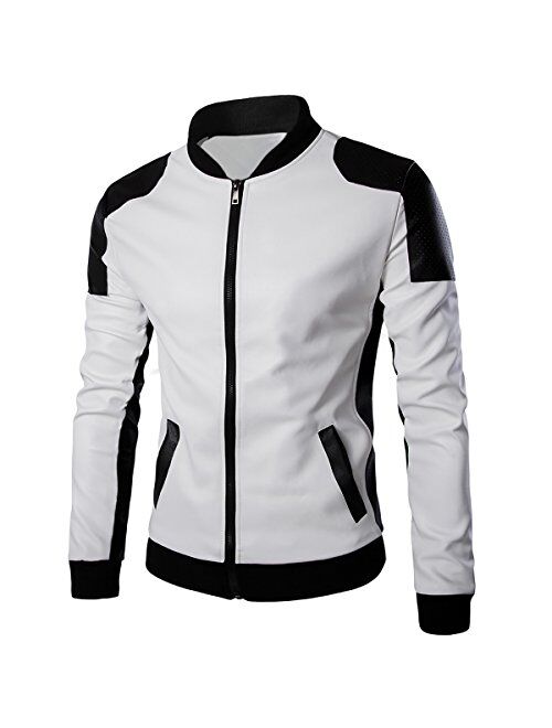 Cloudstyle Men's Latticed Baseball Bomber Jacket Slim Fit Coat White Black