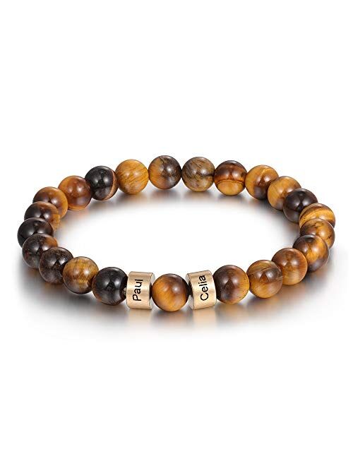 Personalized Stone Beads Bracelets for Men Women Lava Beads Bracelet Tiger Eye Beads Bracelet with Custom Name Engraved Bracelet for Fathers Day