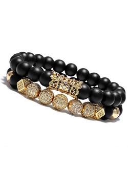 WFYOU 8mm Charm Beads Bracelet for Men Women Black Matte Onyx Natural Stone Beads, 7.5"