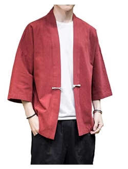 PRIJOUHE Men's Japanese Style Kimono Cardigan Jacket Cotton Blends Linen Seven Sleeves Solid Color Open Front Coat