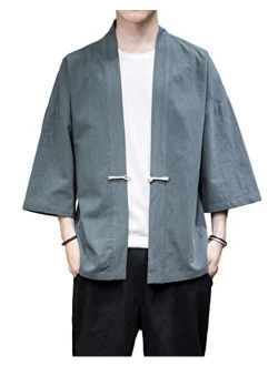 PRIJOUHE Men's Japanese Style Kimono Cardigan Jacket Cotton Blends Linen Seven Sleeves Solid Color Open Front Coat