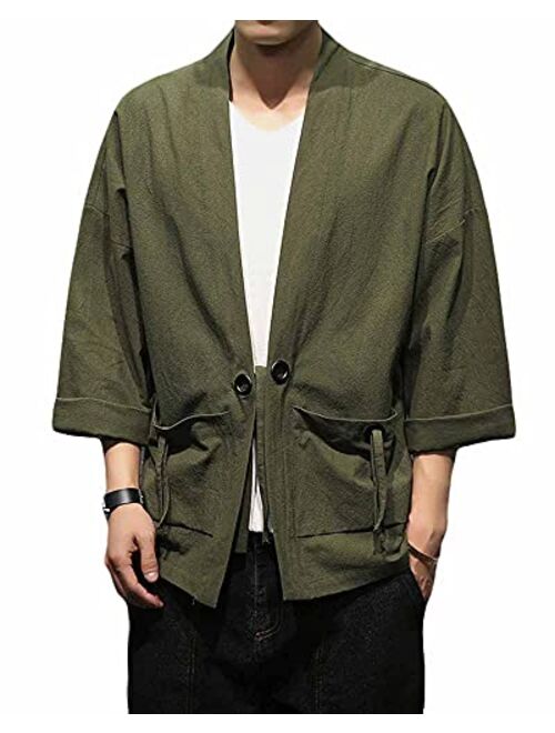 PRIJOUHE Men's Japanese Style Kimono Cardigan Jacket Cotton Blends Linen Seven Sleeves Solid Color Open Front Coat