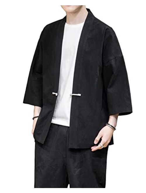 PRIJOUHE Men's Japanese Style Kimono Cardigan Jacket Cotton Blends Linen Seven Sleeves Solid Color Open Front Coat