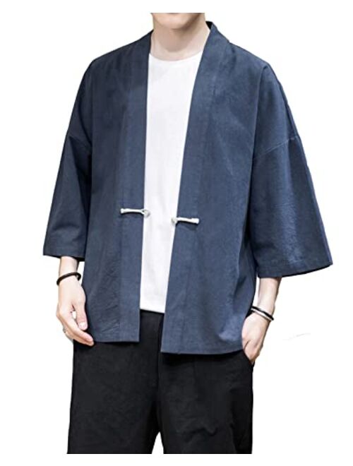 PRIJOUHE Men's Japanese Style Kimono Cardigan Jacket Cotton Blends Linen Seven Sleeves Solid Color Open Front Coat