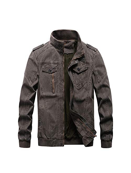 FEDTOSING Mens Bomber Jacket Stylish Windbreaker Men Stand Collar Military Jacket with Shoulder Straps