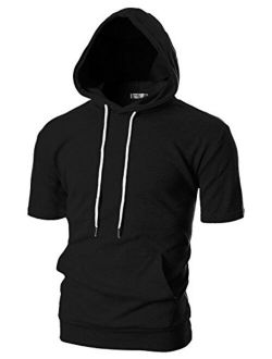 OHOO Mens Slim Fit Short Sleeve Lightweight Hoodie with Kanga Pocket