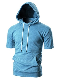 OHOO Mens Slim Fit Short Sleeve Lightweight Hoodie with Kanga Pocket