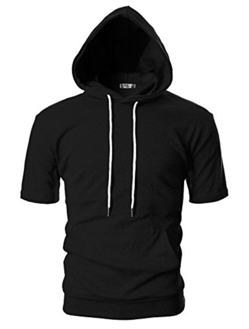 OHOO Mens Slim Fit Short Sleeve Lightweight Hoodie with Kanga Pocket