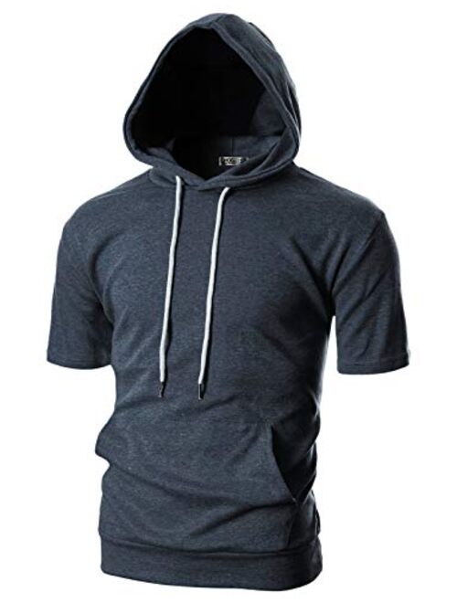 OHOO Mens Slim Fit Short Sleeve Lightweight Hoodie with Kanga Pocket