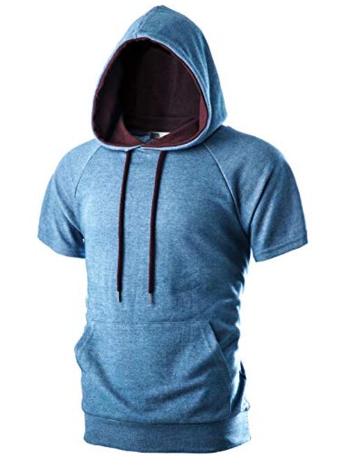 OHOO Mens Slim Fit Short Sleeve Lightweight Hoodie with Kanga Pocket