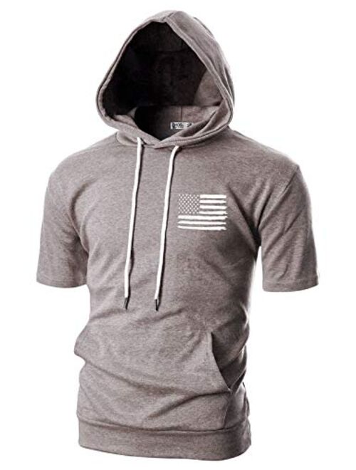 OHOO Mens Slim Fit Short Sleeve Lightweight Hoodie with Kanga Pocket