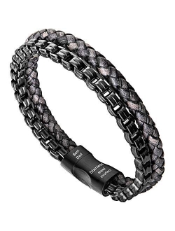 murtoo Mens Bracelet Leather and Steel, Stainless Steel Chain and Leather Bracelets for Men