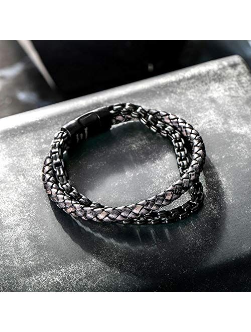 murtoo Mens Bracelet Leather and Steel, Stainless Steel Chain and Leather Bracelets for Men