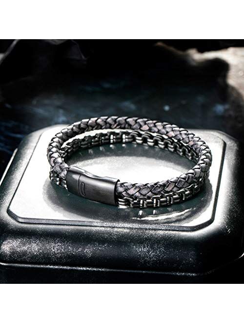 murtoo Mens Bracelet Leather and Steel, Stainless Steel Chain and Leather Bracelets for Men