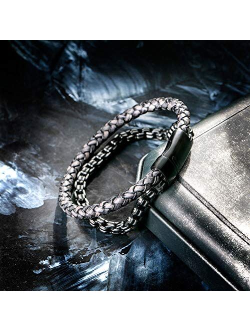 murtoo Mens Bracelet Leather and Steel, Stainless Steel Chain and Leather Bracelets for Men